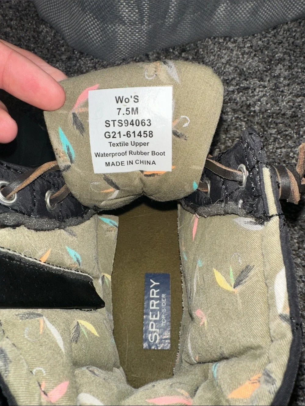 Sperry Black Quilted Duck Rain Boots with Brown Laces